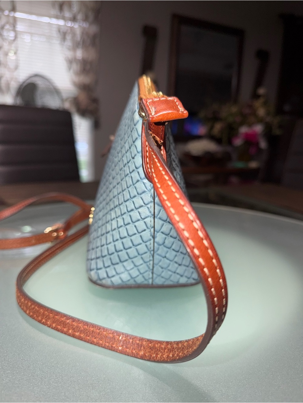 Dooney & Bourke Light Blue Textured Crossbody with Brown Trim - Picture 4 of 9